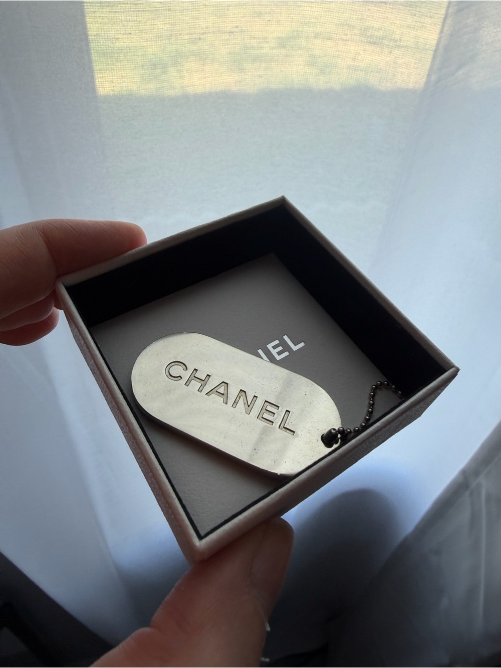 CHANEL Silver-Tone Engraved Logo Dog Tag Pendant Bag Charm Key Chain